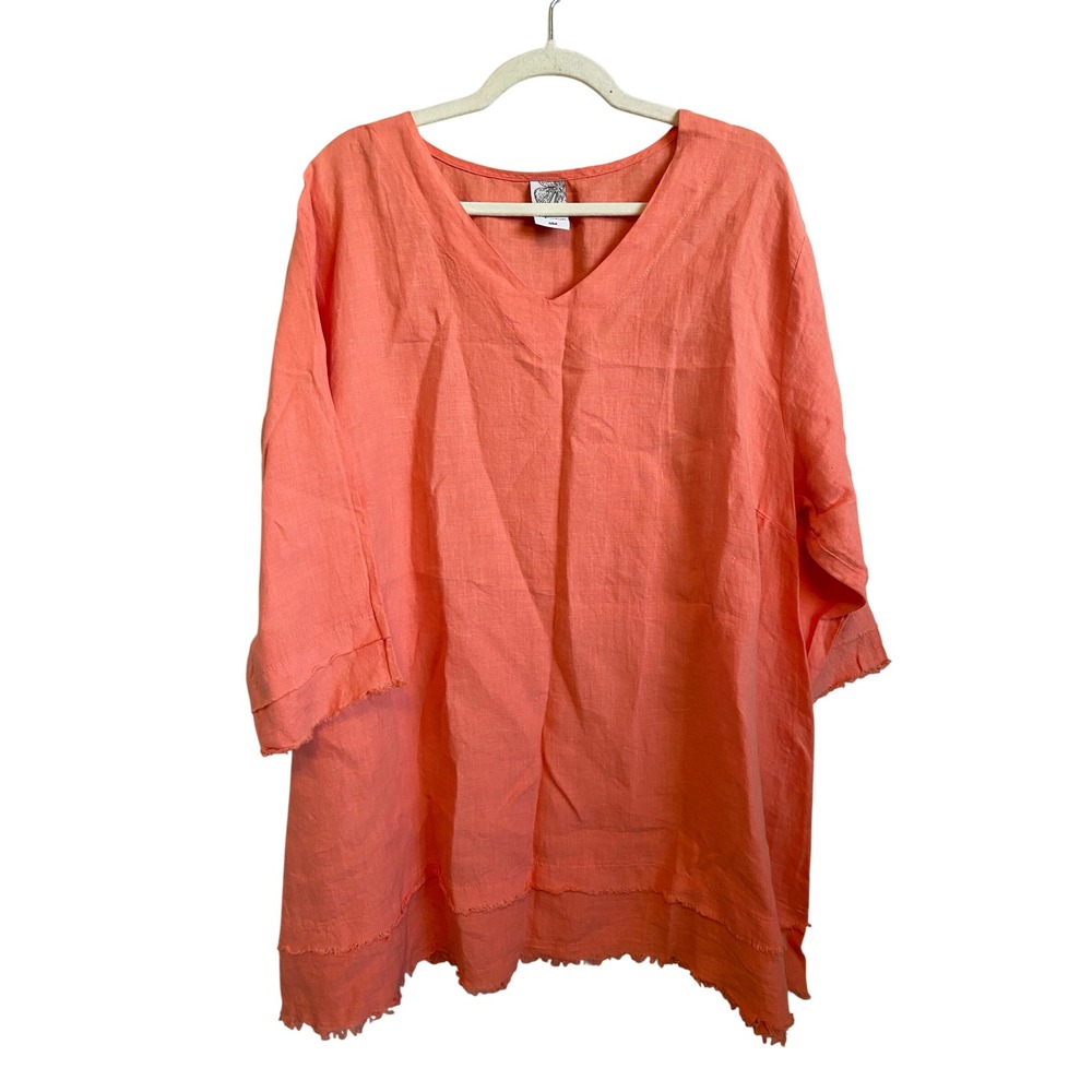 La Fixsun Womens Linen Tunic Top Coral Orange V-Neck Raw Edge RNT916 Size L